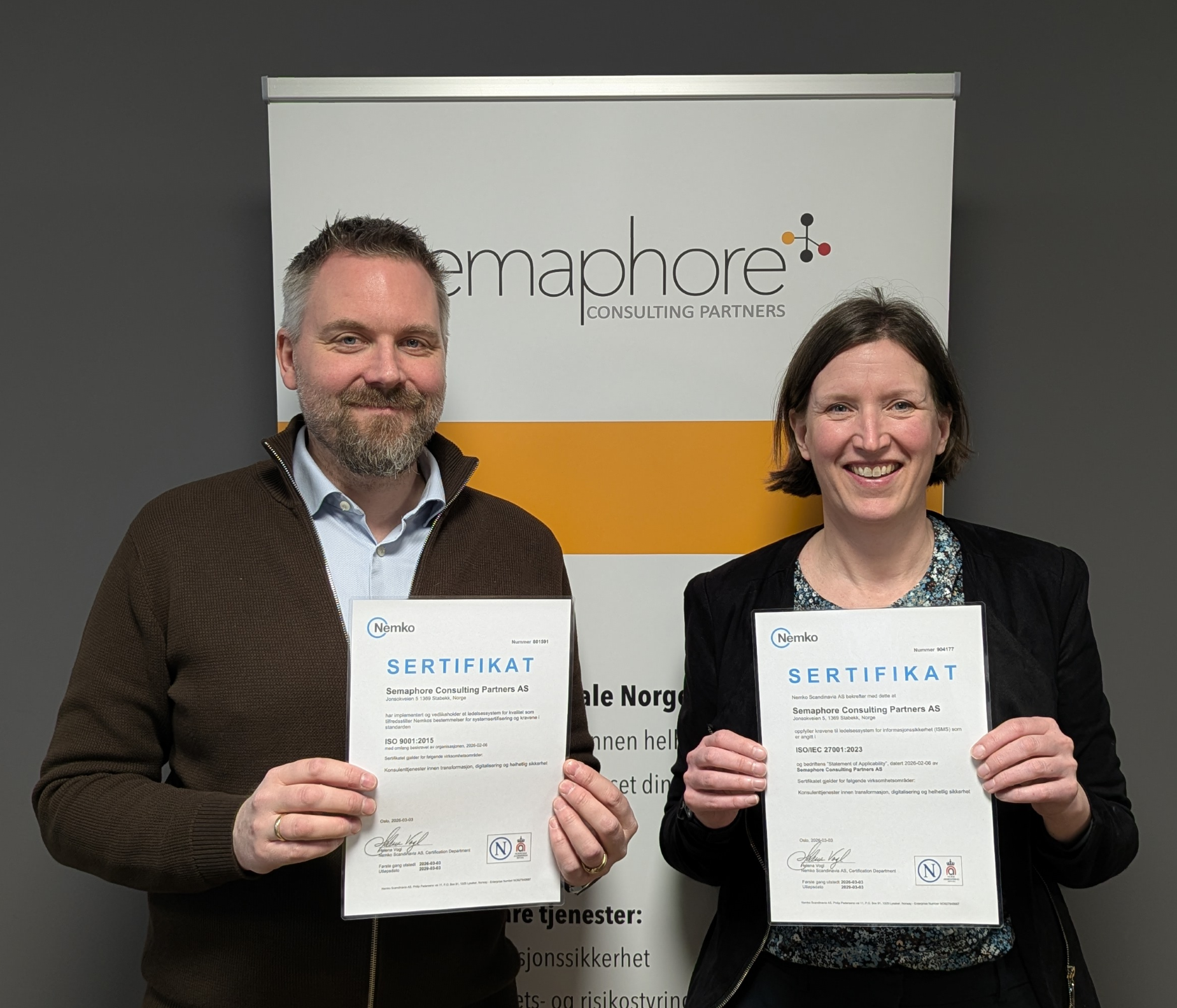 Semaphore er ISO‑sertifisert innen kvalitet og informasjonssikkerhet